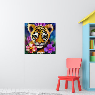 Poster Cubo de Tigre Cugado Cercado por Flores