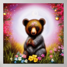 Poster Cubo de urso de fantasia e flores  