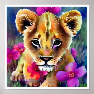 Poster Cubo Lion Cute Cercado por Flores
