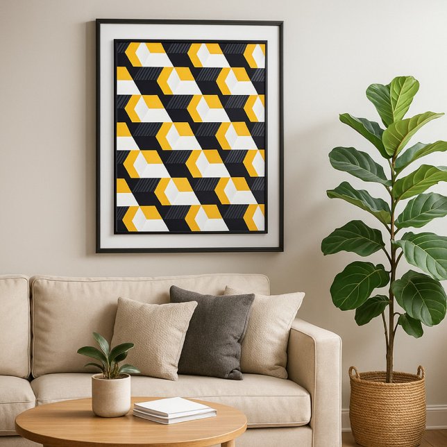 Poster Cubos geométricos com amarelo escuro, branco e pre (Criador carregado)