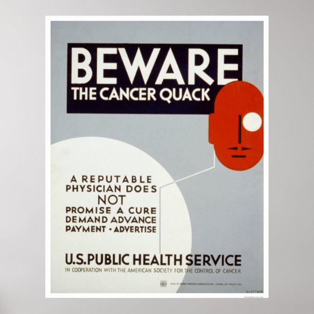Póster Cuidado com o Cancer Quack 1938 WPA (Frente)