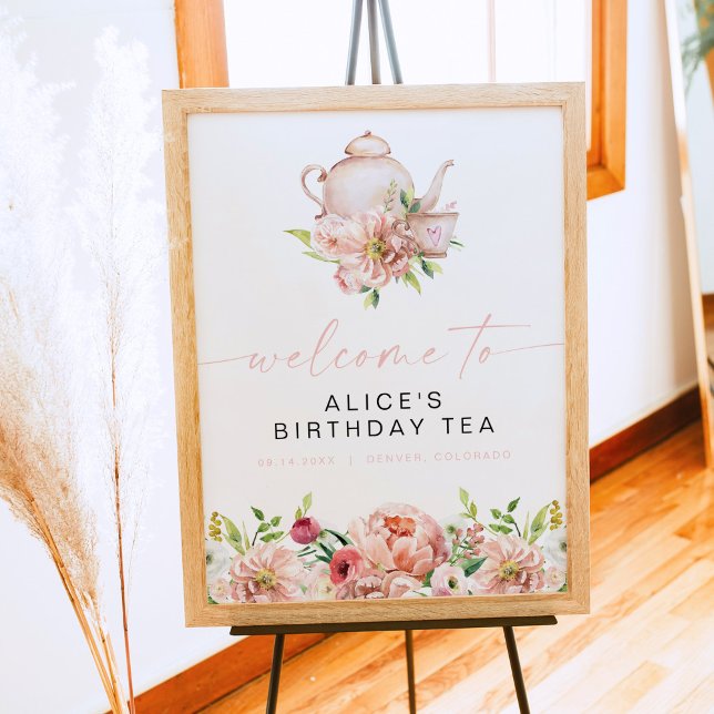 Poster Cumprimentos de chá de aniversário floral ALICE Bl (Criador carregado)
