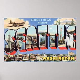 Póster Cumprimentos de Seattle Washington, vintage