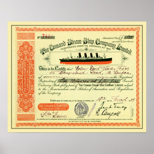Poster Cunard Steam-Ship Company 1909 — Certificado de Ex (Frente)