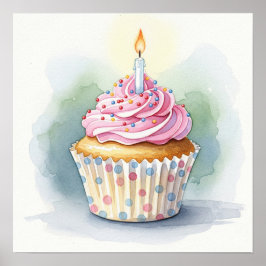 Poster Cupcake de Aniversário de Aquarela