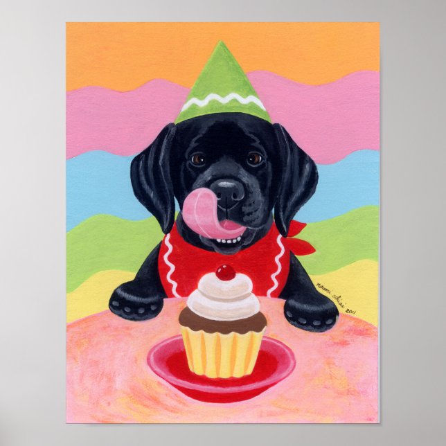 Poster Cupcake de Aniversário Negro Labrador Puppy (Frente)