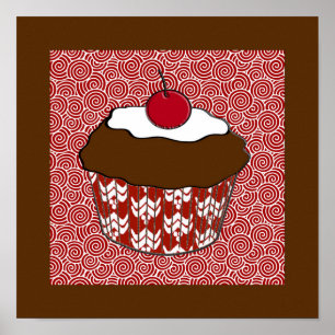 Poster Cupcake de chocolate em padrão vermelho e branco