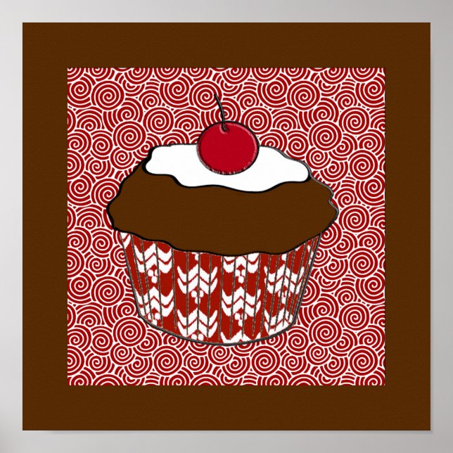 Poster Cupcake de chocolate em padrão vermelho e branco (Frente)