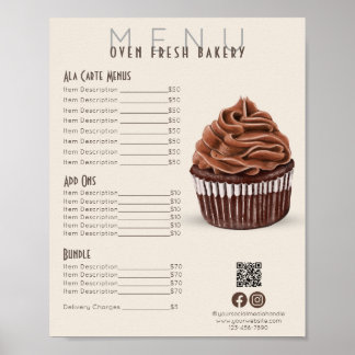 Poster Cupcake de Chocolate Menu Beige Lista de Preços de