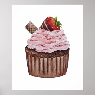 Poster Cupcake De Morango Cento Em Aquarela