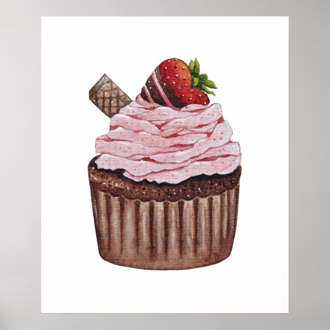 Poster Cupcake De Morango Cujo Cama É Em Aquarela (Frente)