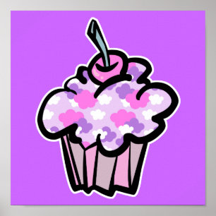 Poster cupcake de nuvens rosa e roxa