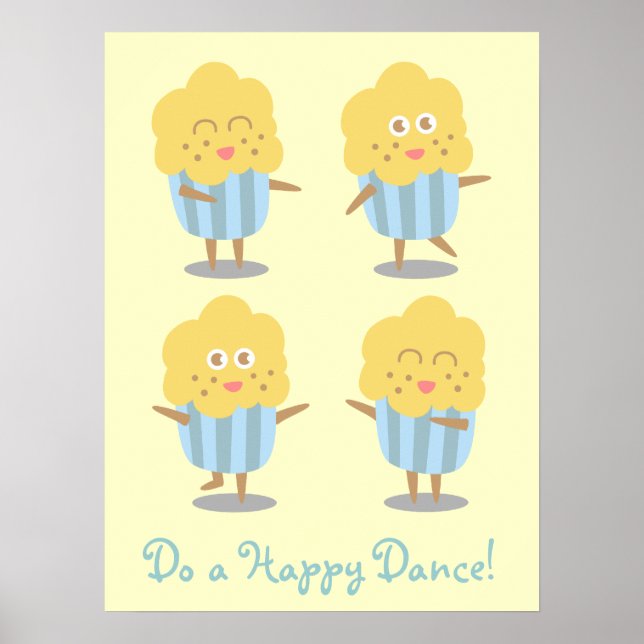 Póster Cupcake Doodle: Kawaii Cupcake dançando felizmente (Frente)