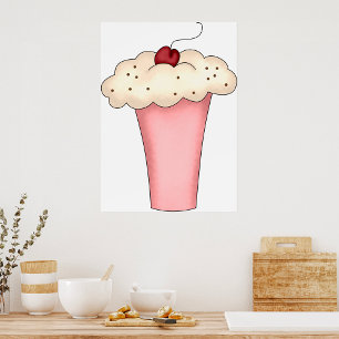 Poster Cupcake Kawaii, bonito, Milkshake com Cereja