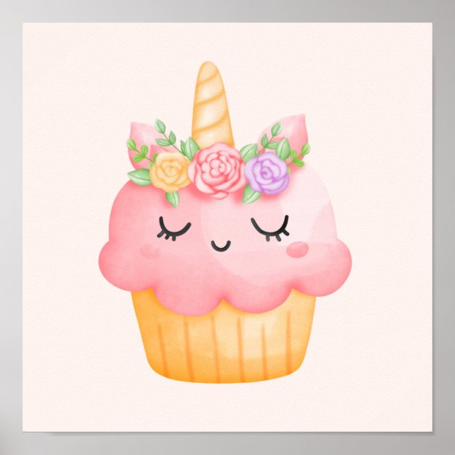 Poster Cupcake rosa-claro Unicórnio com Rosas (Frente)