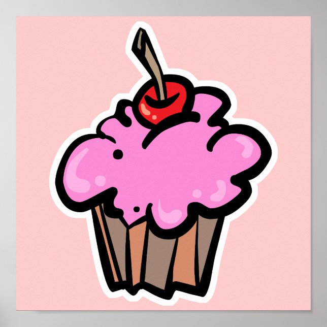 Póster Cupcake rosa com cereja (Frente)