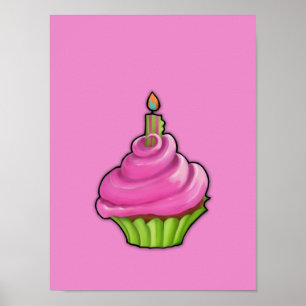 Póster Cupcake rosa e verde cor-de-rosa