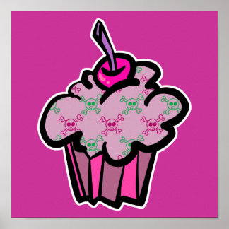 Póster cupcake rosa punk crânio cruzado