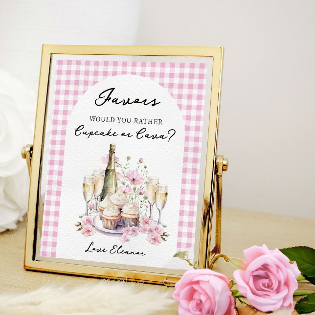 Poster Cupcakes e Chá de panela de champanhe Favorecem a  (Favors table sign from Cupcakes and Cava Bridal Shower Collection by Darling & May)