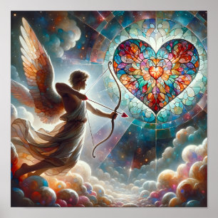Poster Cupido disparando sua seta em um coração de vidro