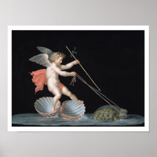 Póster Cupido que está sendo conduzido pelas tartarugas