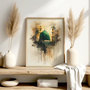 Poster Cúpula Verde Medina – Arte Islâmica em Aquarela