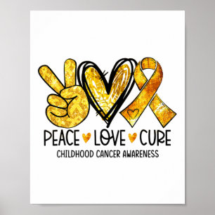 Poster Cura Amor Paz Fita Coração Dourado Câncer Infantil