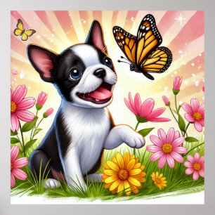 Poster Curioso Boston Terrier Puppy Brincando Com Borbole