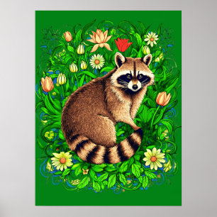 Poster Curioso guaxinim em um Jardim Flor Colorido