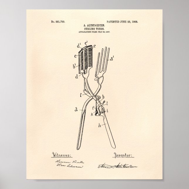 Poster Curling Tongs 1908 Patent Art Old Peper (Frente)