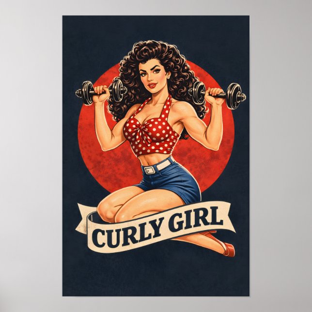 Poster Curly Girl Weightlifting Hair Pin-Up Retro Gym Art (Frente)