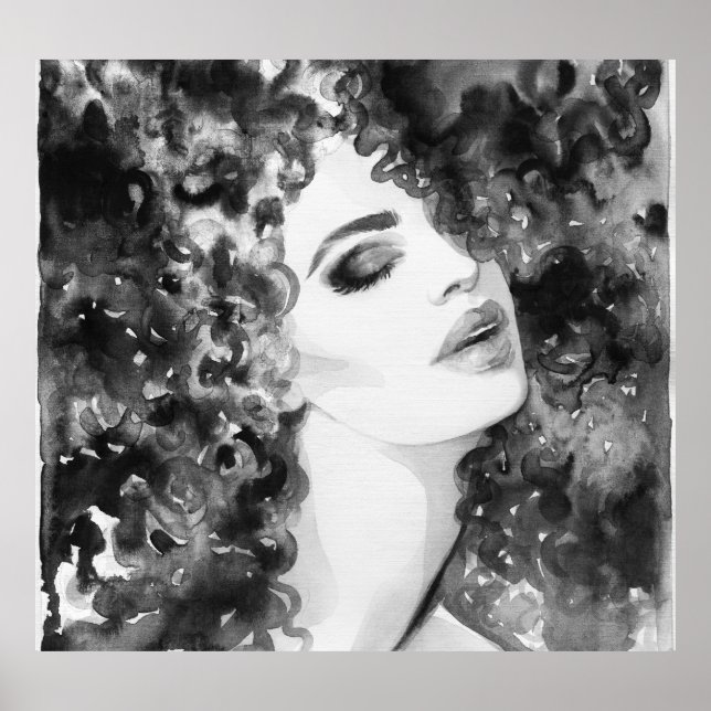 Poster Curly Grace: Beleza da Aquarela da Moda (Frente)