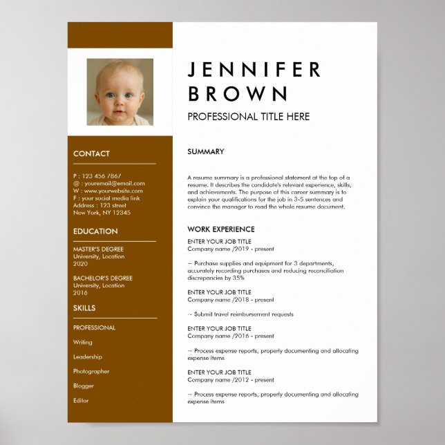 Poster Currículo Brown White fotografia download digital (Frente)