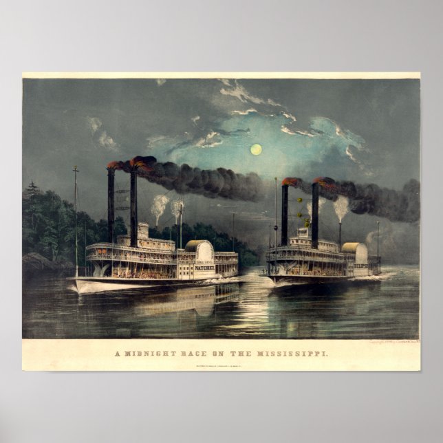 Poster Currier & Ives, 1890, uma corrida de barco a vapor (Frente)