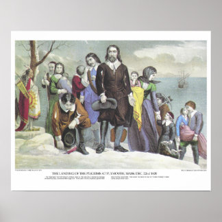 Póster Currier & Ives Lithógrafo: Peregrinos de aterrissa