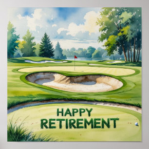 Poster Curso de golfe com texto Feliz Reforma em Verde