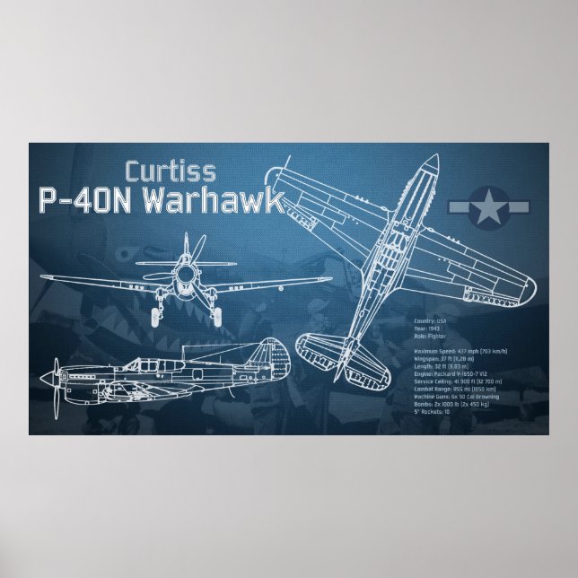 Poster Curtiss P-40 Warhawk Blueprint (Frente)