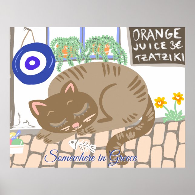 Poster Custom Greek Taverna Cat Mediterranean Scene (Frente)