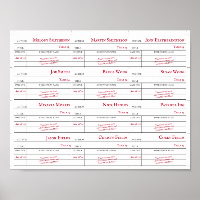 Poster Custom Library Checkout Card Table Number Cards (Frente)
