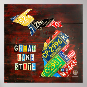 Póster Custom Michigan License Plate Map w/ name