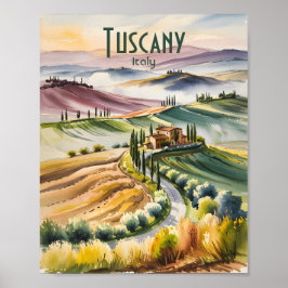Poster Custom Tuscany Watercolor Rolling Hills Landscape
