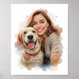 Poster Custom Watercolor Pet & Owner Portrait from Photo