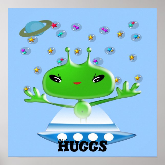 Póster Cute Alienígenas do Espaço Sideral Verdes com Nave (Frente)