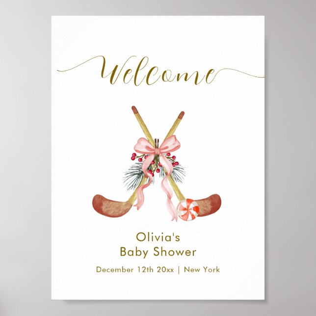 Poster Cute All Stars Bow Hockey Girl Baby Shower Welcome (Frente)