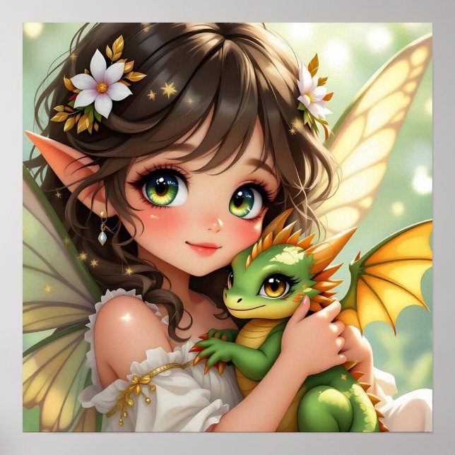 Poster Cute Anime Fairy and Chibi Dragon  (Frente)