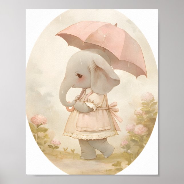 Poster Cute Baby Girl Elephant in Rain Nursery Wall Art (Frente)