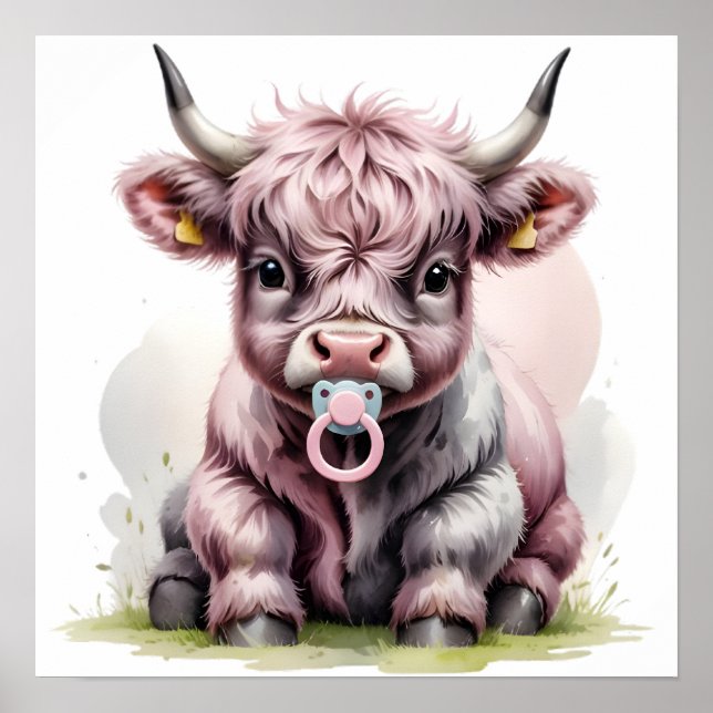 Poster Cute Baby Highland Cow with Flowers – Farm Nursery (Frente)