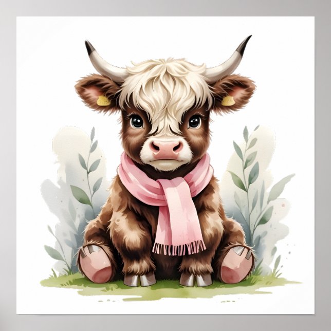 Poster Cute Baby Highland Cow with Flowers – Farm Nursery (Frente)