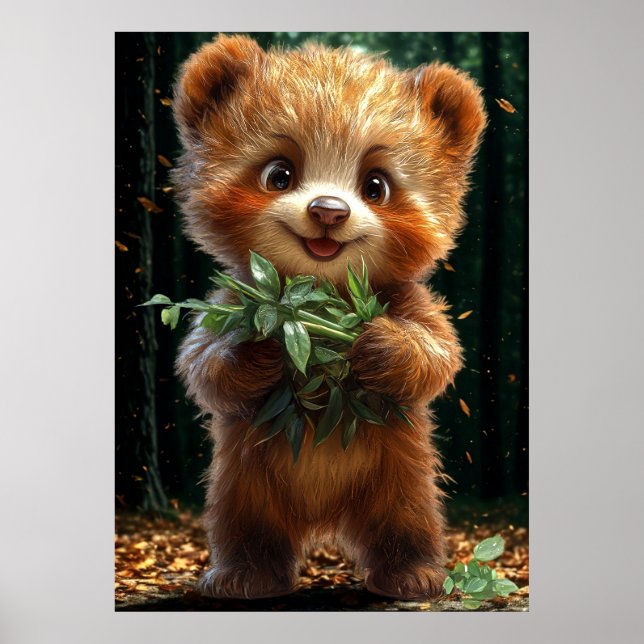 Poster Cute Bear Cub with Greenery (Frente)