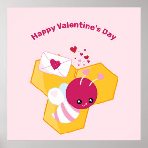 Poster Cute Bee with Pink Valentine Hearts